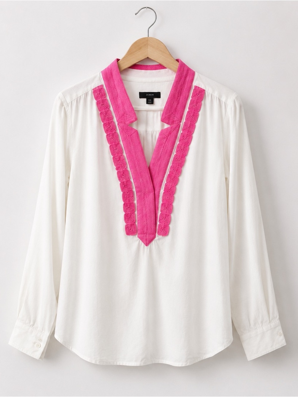 J Crew White Pink Soutache Trim Tunic in Cotton Voile Women XXL Blouse Top